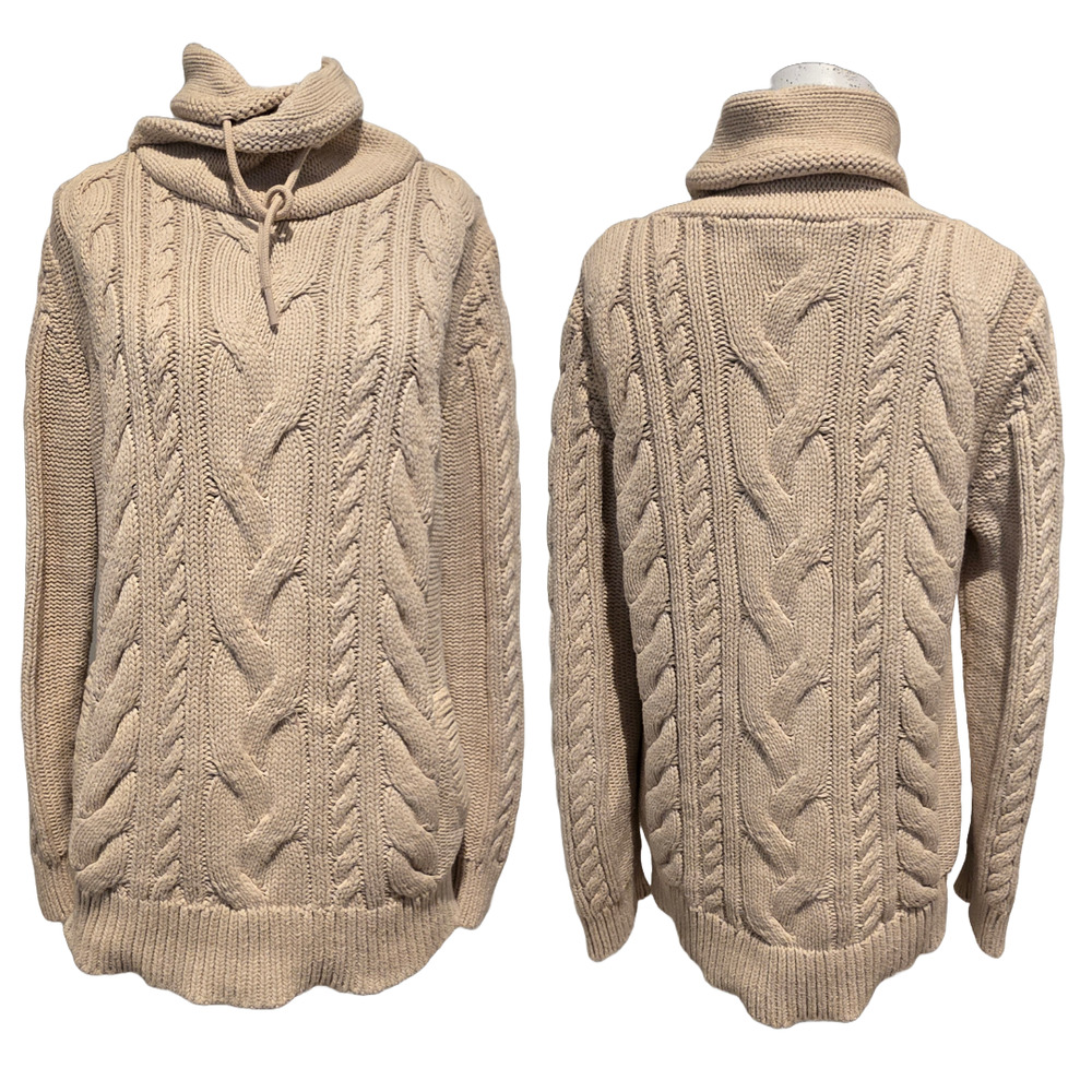 L.L. Bean Double-L Cream Fisherman Mixed Cable Knit Funnel Neck Sweater, Medium